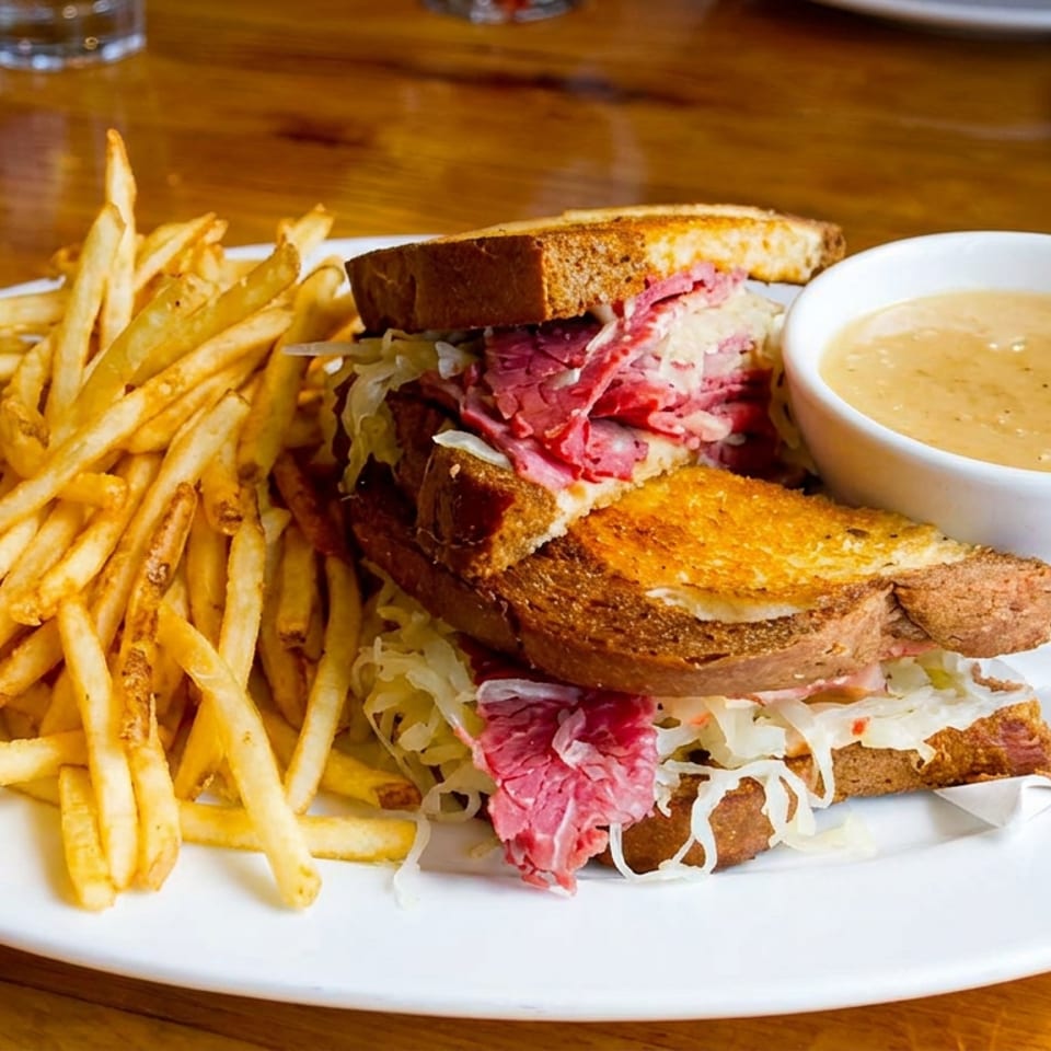 Grilled corned beef sandwich with sauerkraut and beet slaw, French fries, and dipping sauce on a white plate.