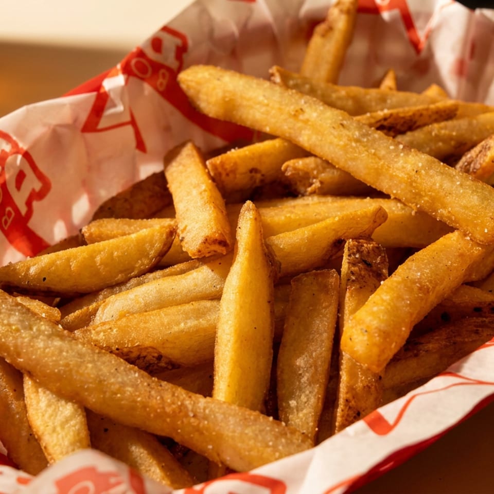 Golden French fries served in a red basket lined with branded paper.