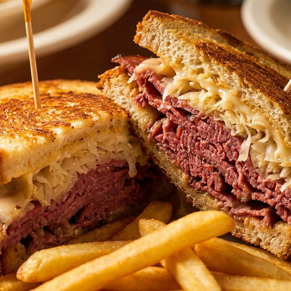 Grilled pastrami sandwiches with melted cheese and sauerkraut, served with golden fries on a plate.
