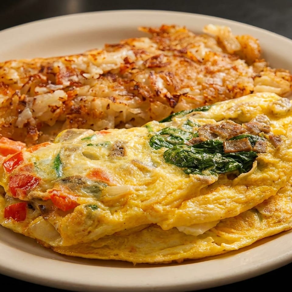 Loaded vegetable omelet topped with spinach and mushrooms, served alongside crispy roasted potatoes on a white plate.