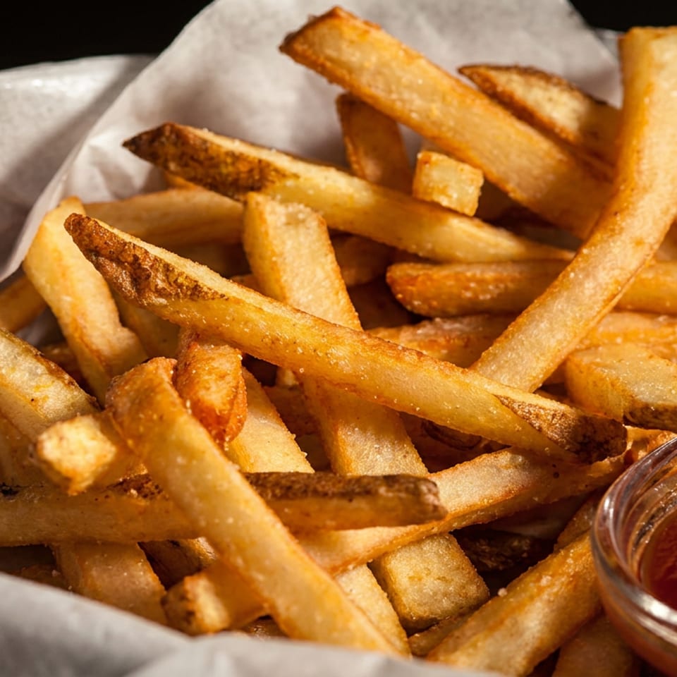 Golden French fries piled in a paper-lined basket beside a small glass bowl of ketchup.