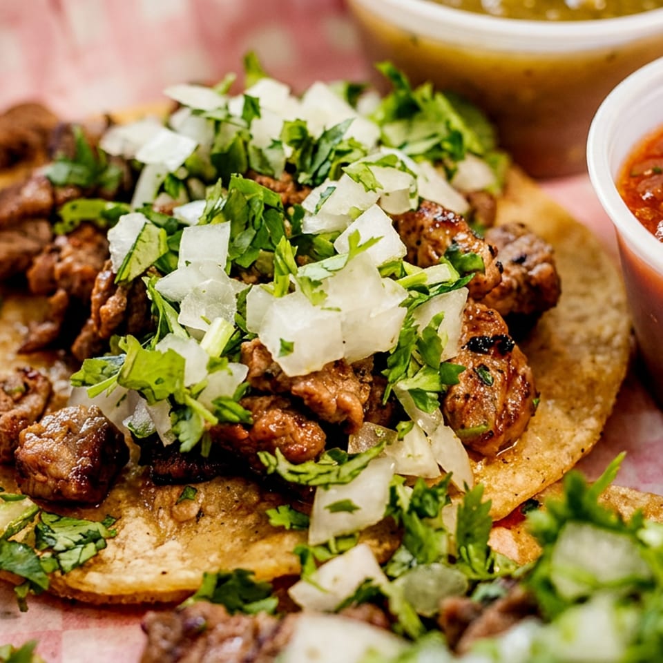 Street-style tacos topped with grilled meat, chopped onion and cilantro, served with bowls of red and green salsa.